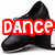 Four black shoes with red text overlays reading DANCE, IS, MY, LIFE arranged in a on white background