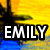 Pixelated beach sunset scene with palm tree silhouette, blue water, and yellow sky, overlaid with 'EMILY' text in white block letters with black outline.
