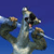 A pixelated figure with a light-colored body and dark limbs against a solid blue background, holding an object near its face.