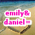 Pixelated beach scene with pink text 'emily&daniel=' on white background, blue water, sandy shore, and dark curved object.