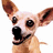 Pixelated close-up of a light brown dog with large dark eyes and ears, wearing a black collar against white background.