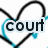 A static pixelated icon features the word 'court' in bold black letters over a white background, framed by a heart-shaped border with alternating dark and light blue segments.