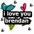 Pixelated buddy icon with teal mermaid tail, pink heart, green leaf, and black text boxes reading "i love you brendan" on left and "always baby! <3" on right.