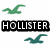 six showing a pixelated seagull icon in green, white, and teal against orange or white backgrounds with 'HOLLISTER' text on the top-left