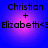 Blue background with pink gradient circles; black text reads 'Christian + Elizabeth<<' in four identical quadrants.
