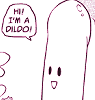 A cartoonish pink icon with a rounded top and small eyes, displaying text in a speech bubble that reads "HI! I'M A DILDO!".