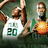 Pixelated image of two basketball players in action, one wearing a white jersey with green number 20 and the other holding an orange basketball.