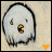 A pixelated ghost-like figure with a rounded white body, black outline, and small blue eyes, holding an orange and black object in its mouth, with a heart symbol below.