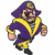 Pixelated cartoon character in purple and yellow outfit running next to green text logo on dark background