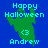 Pixelated Halloween-themed icon with blue background, green ghost silhouette, and cyan text reading "Happy Halloween <3 Andrew".