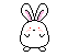 Pixelated white bunny with pink inner ears and closed eyes stands beside a pixelated white figure with hands clasped, red text reads Welcome on gray background.