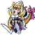 Pixelated figure with light brown hair, dark eyes, and a white top holding a purple object against a white background.