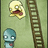 Pixelated image with two characters: a yellow screaming face above and blue character below, next to brown ladder on green background.