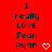 Red background with black pixelated text reading 'I really LOVE Sean Ryan' and a white heart symbol, displayed in two identical side-by-side
