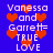 Blue background with red pixelated hearts and white text reading "Vanessa and Garrett= TRUE LOVE" in a pattern