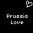 Pixelated white heart symbol above two identical text blocks reading 'Prussia Love' on black background.