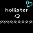A black background displays two identical white text labels 'hollister' with a cyan heart symbol above the left label and pixelated symbols below.