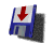 Blue and white floppy disk icon with red downward arrow, shown in multiple angled views and orientations against gray background.