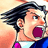 Pixelated character with dark spiky hair and open mouth on left; blue background with white text "The Determined Defense Attorney" above and "With Funny Eyebrows." below.
