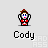 Pixel art character Cody in red and white outfit with brown hair, shown across multiple poses including raised arms, hands on head, and a close-up of the chest area.