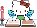 Pixel-art Hello Kitty with red bow, blue wings, green dress, and red lips reading a book under a candlelight setup.