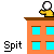 Animated sequence showing a yellow cartoon character with white hair performing actions on an orange building with blue windows, labeled 'Spit' in black text.