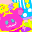 Pixelated cartoon character with pink body, yellow limbs, and blue head features a smiling face with teal eyes and purple mouth on left side.