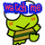 Four pixelated green frog-like characters with large eyes, each holding a striped object and displaying different text overlays.