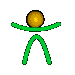 Green stick figure with golden sphere head performs sequential motion , transitioning from upright stance to bent limbs and scattered segments