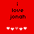 Red background with black text 'i love jonah' and five white hearts, one pink heart in the center.