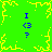Green background with yellow pixelated border and central starburst pattern, featuring four identical blue text clusters arranged symmetrically.