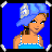 A 4-frame animated contact sheet showing a pixel-art character in blue and white attire with a baseball cap, holding a leash, against a solid blue background.