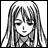 Black-and-white pixelated anime-style portrait of a girl with long straight hair and bangs, next to stylized text on a black background.