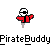 Pixelated character with black-and-white striped head, red jacket, and gray lower body against light gray background.