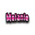 Pixelated text 'Melanie' in pink and purple hues with dark outlines on a white background.