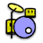 Pixelated static icon of a drum kit with yellow cymbals and drums, blue bass drum, black outlines, and white background.
