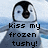 Pixelated penguin with black head and white body stands against snowy background, arms outstretched in four showing text variations