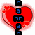 Red heart-shaped icon with pink outline and small hearts, displaying vertical blue text on black background.