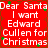 Red background with white pixelated text reading "Dear Santa I want Edward Cullen for Christmas" and scattered green pixelated dots.