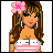 Pixelated character with brown hair, green eyes, and a pink flower in hair, wearing a white and pink top, with three expressions in sequence.
