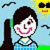 Pixelated cartoon character with dark hair and purple smile stands against blue sky with sun, birds, and green ground; red text reads "LeylaG Tech Team Member" on black background.