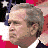 identical pixelated headshots of a man with gray hair against a red, white, and blue star-spangled background, with overlaid text labels