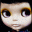Pixelated cartoon face with large eyes and light skin, showing two expressions side-by-side against a black background.