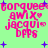Pixelated pink text on light green background with blue plus signs, displaying 'torquee', 'awix', 'jacqui', and 'bpps' in stacked arrangement.