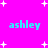 Bright pink background with scattered white star shapes and four instances of the word 'ashley' in cyan pixelated text.