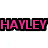 Pixelated text 'HAYLEY' in bright pink on solid black background with gray pixel artifacts.
