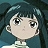 Pixelated anime-style character with dark teal hair, large eyes, and a neutral expression against a dark teal background.