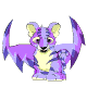 Animated purple and yellow creature with large ears, wings, and striped body in nine sequential poses showing wing movement.