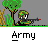 Animated pixel art contact sheet showing a soldier character firing weapons across multiple frames with trees and grass in the background, each frame labeled "Army" below.
