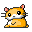 Pixel art of a yellow hamster with pink inner ears, black whiskers, and white facial markings in two poses against a gray background.